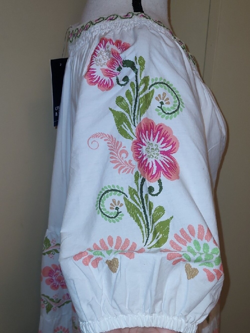 Crown & Ivy White Floral Peasant Dress with Pink and Green Accents - Picture 4 of 8